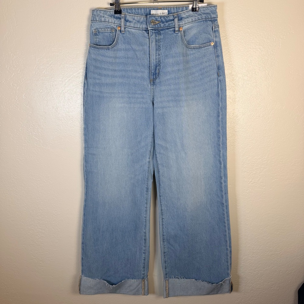 New LOFT Womens 6/28 The Wide Leg High Rise Curvy Jeans Light Wash Raw Hem